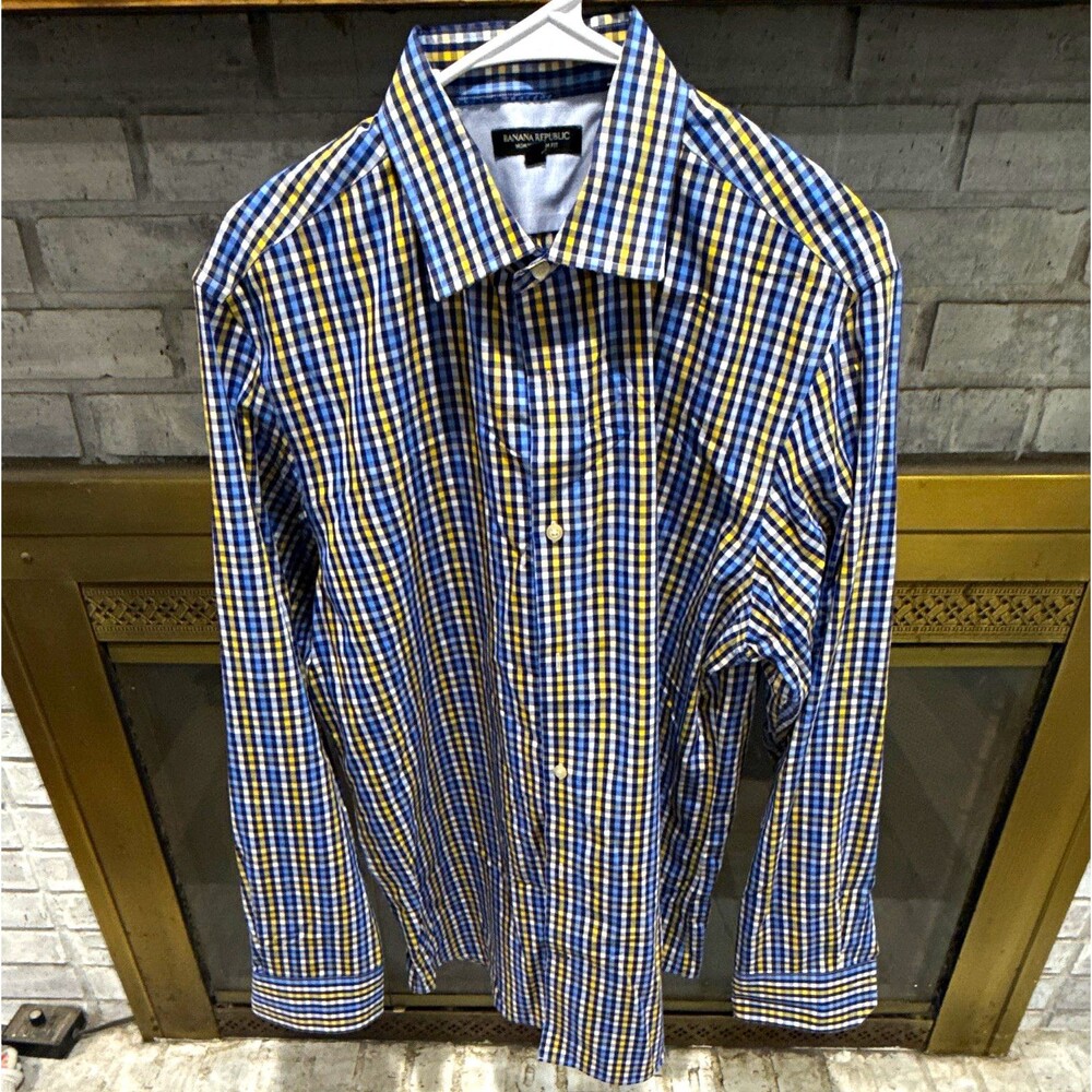 Banana Republic Non-Iron Slim Fit Blue Yellow White Plaid Dress Shirt L